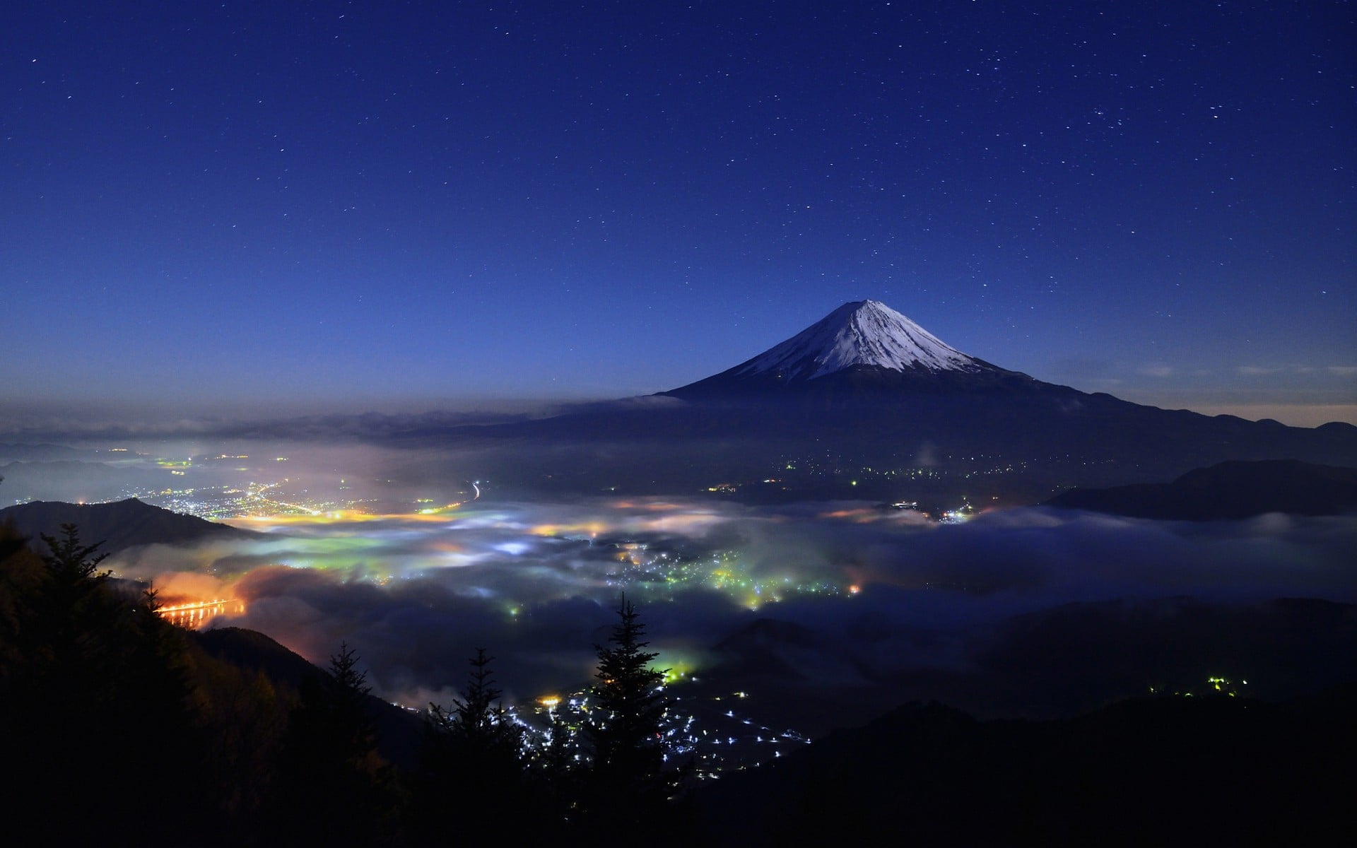 Mt Fuji silhouette of volcano nature landscape starry night 2k