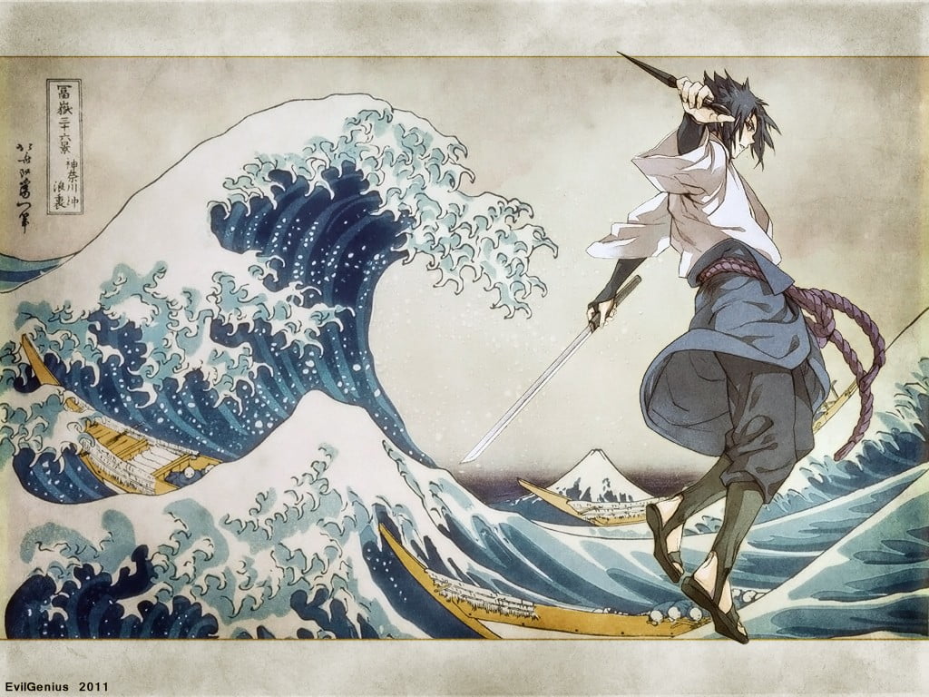 Sasuke digital wallpaper Naruto Shippuuden Uchiha The Great Wave off Kanagawa