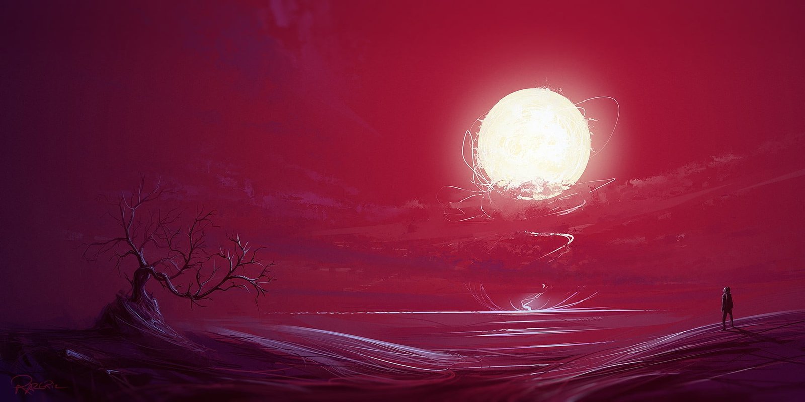 white moon and bare tree illustration silhouette of man standing near body water painting 2k