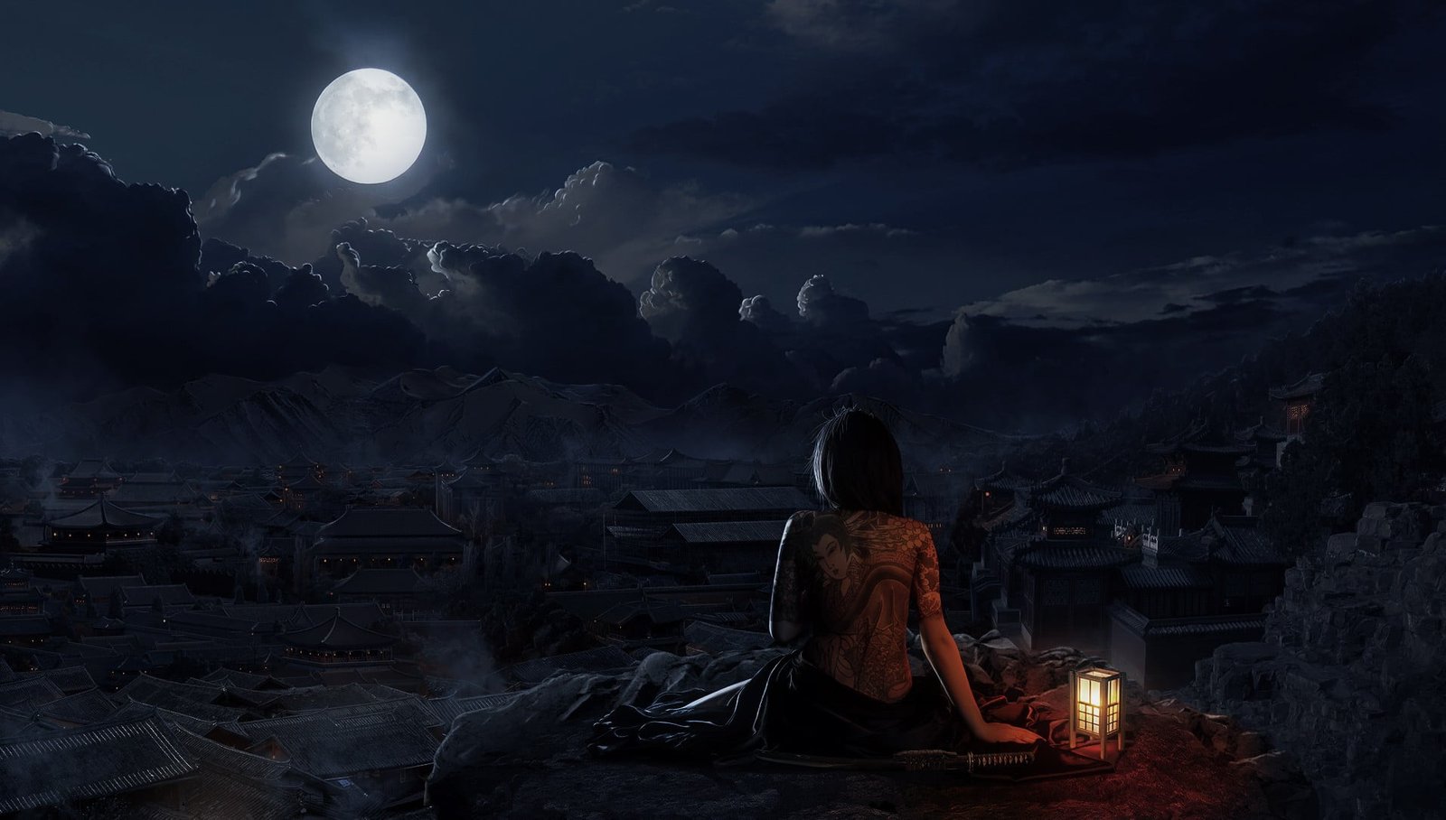 woman sitting in front of moon digital wallpaper village night 2k
