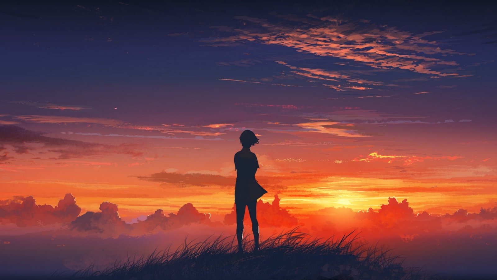 person standing on top of mountain during golden hour wallpaper 2k