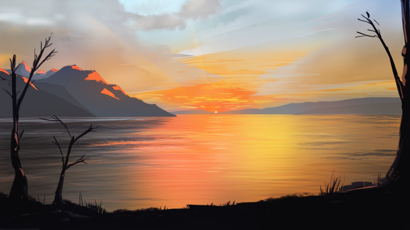silhouette of trees paining artwork illustration sunset mountains 2k