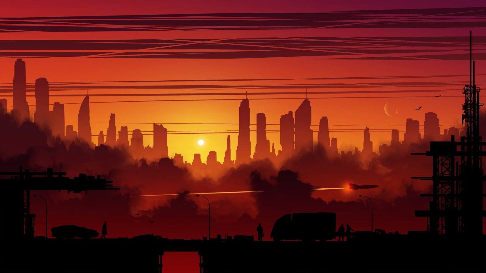 silhouette photo of city under golden hour digital art building 2k