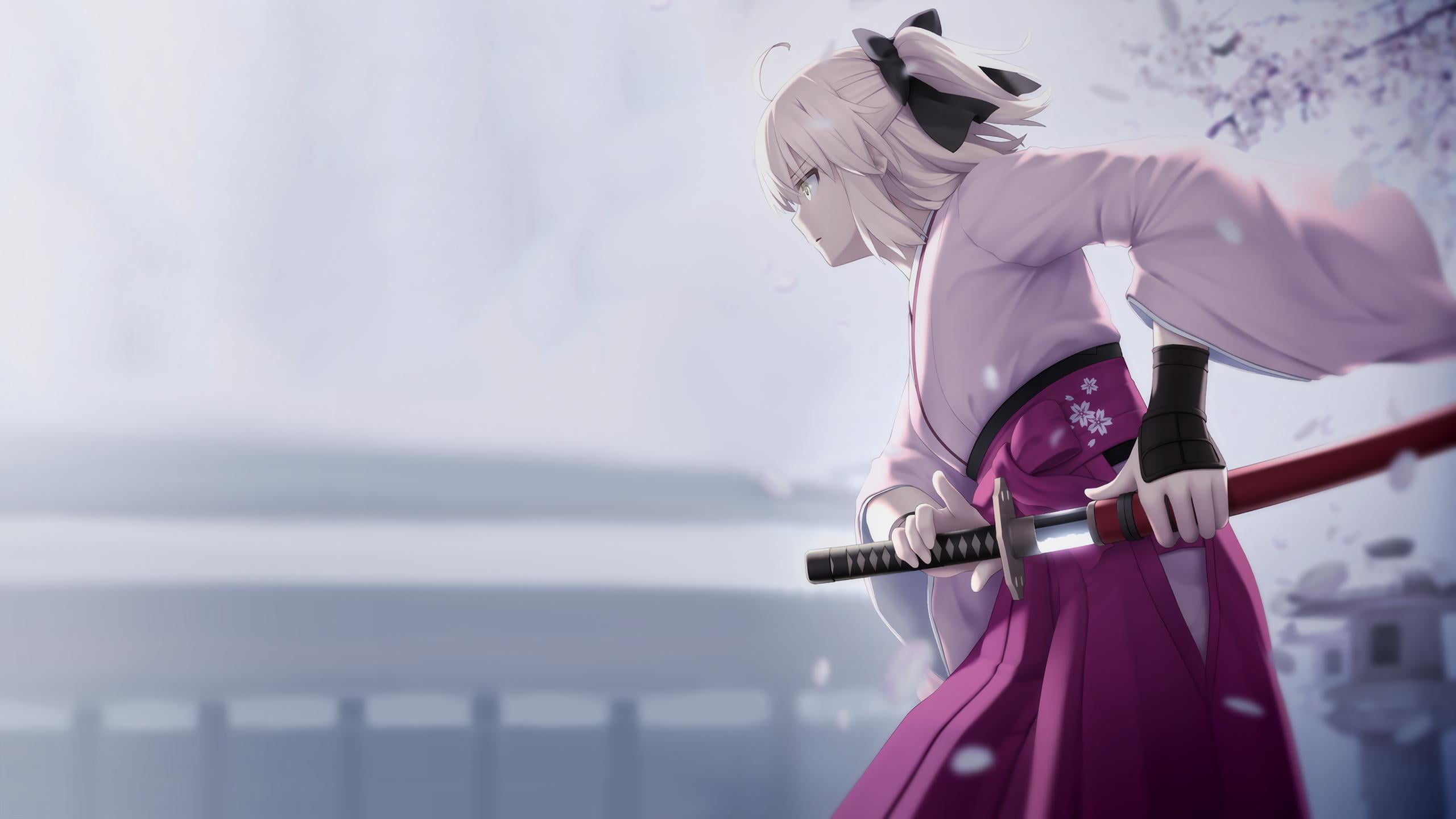 white haired animated woman with katana illustration anime girls 2k