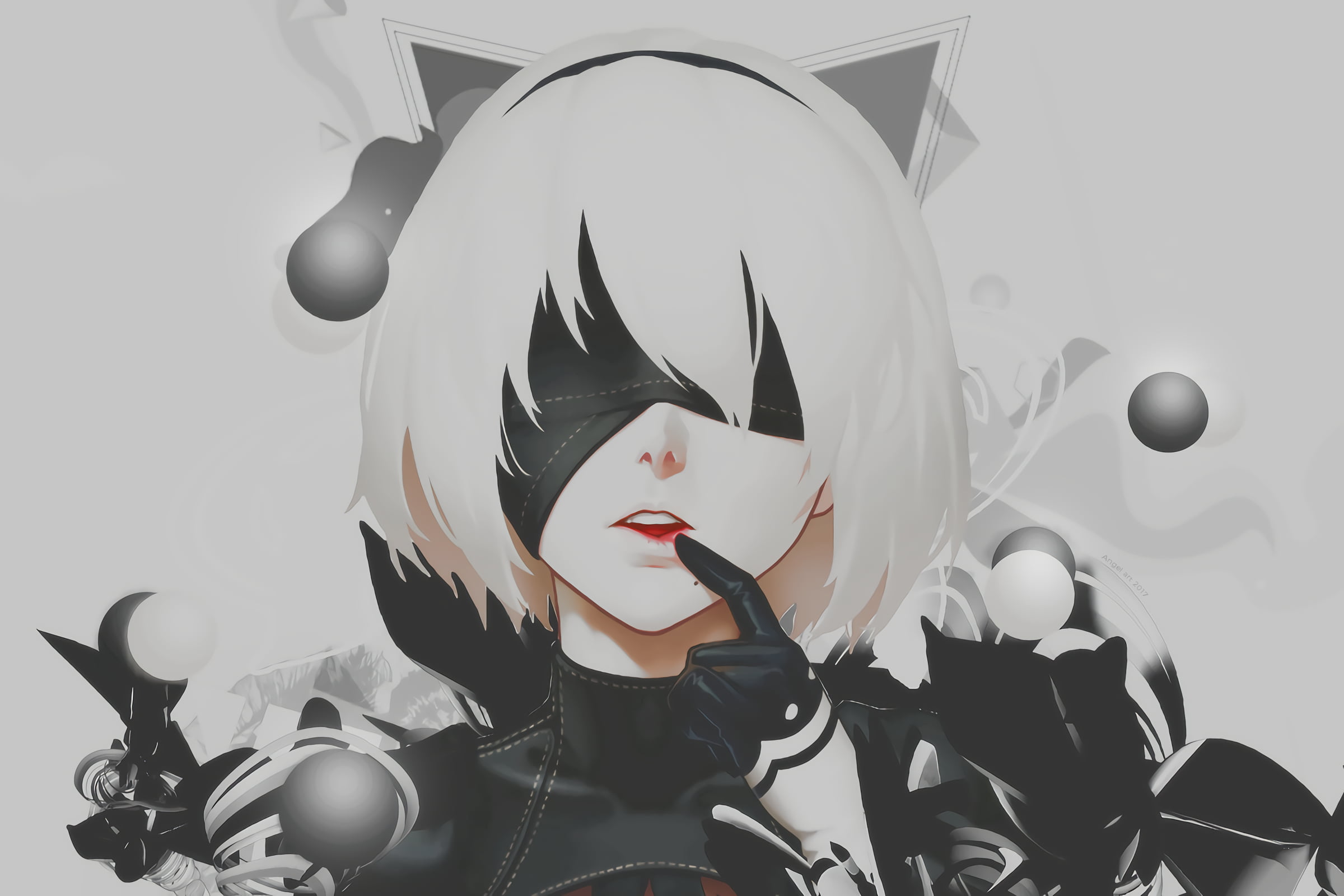 white haired anime character illustration Nier Automata 2k