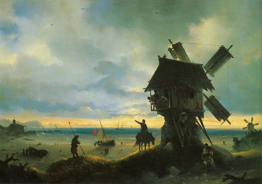 Windmill on the seashore art luminos painting pictura ivan aivazovsky