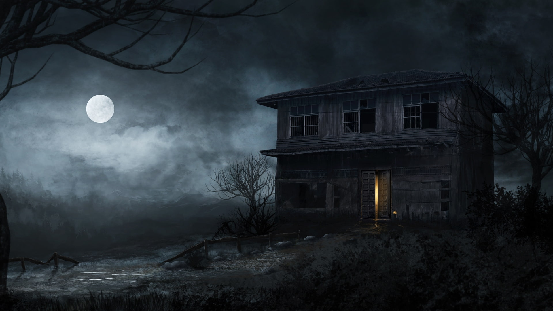 abandoned house haunted moonlight night trees horror scary 2k