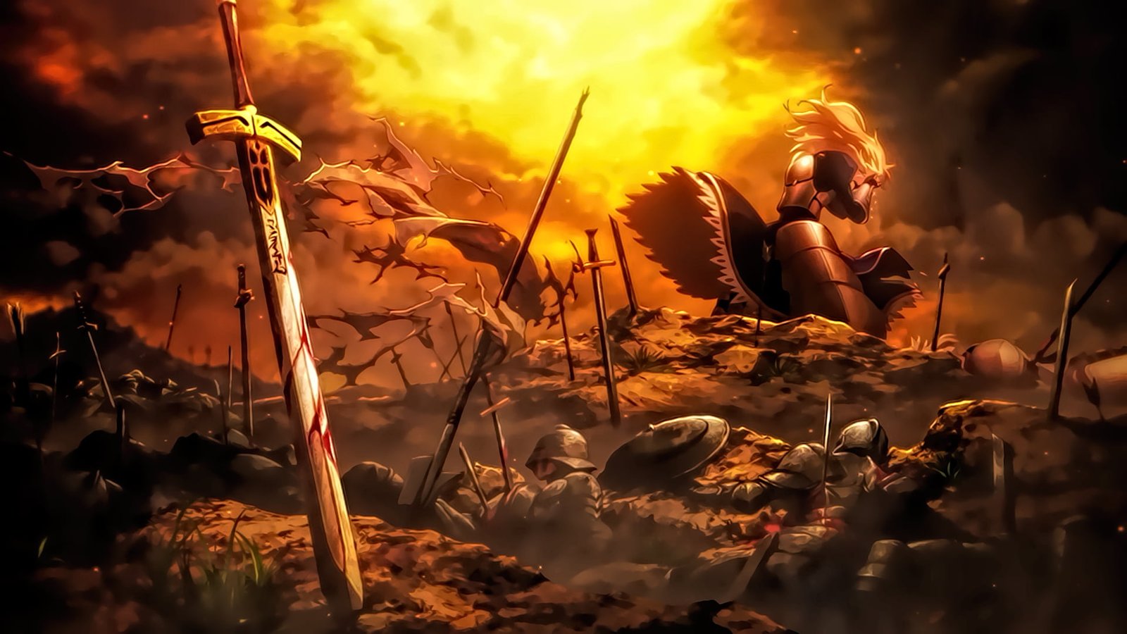 anime character surrounding swords illustration Saber Fate Stay Night Unlimited Blade Works 2k