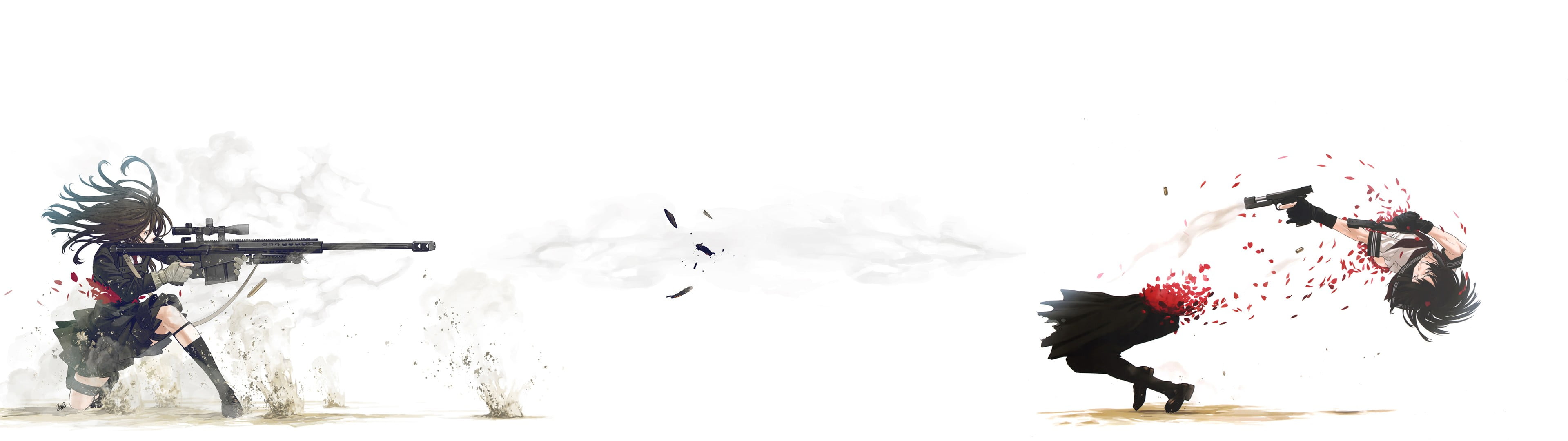 anime characters wallpaper sniper rifle pistol petals flower 2k 4k