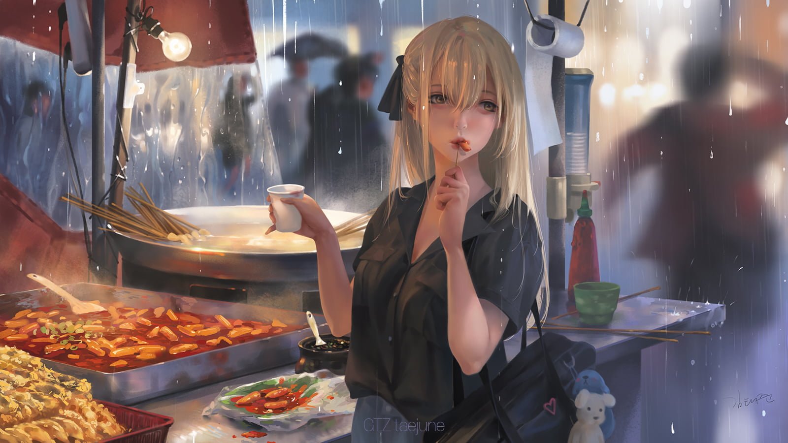 anime girls eating original characters blonde 2k