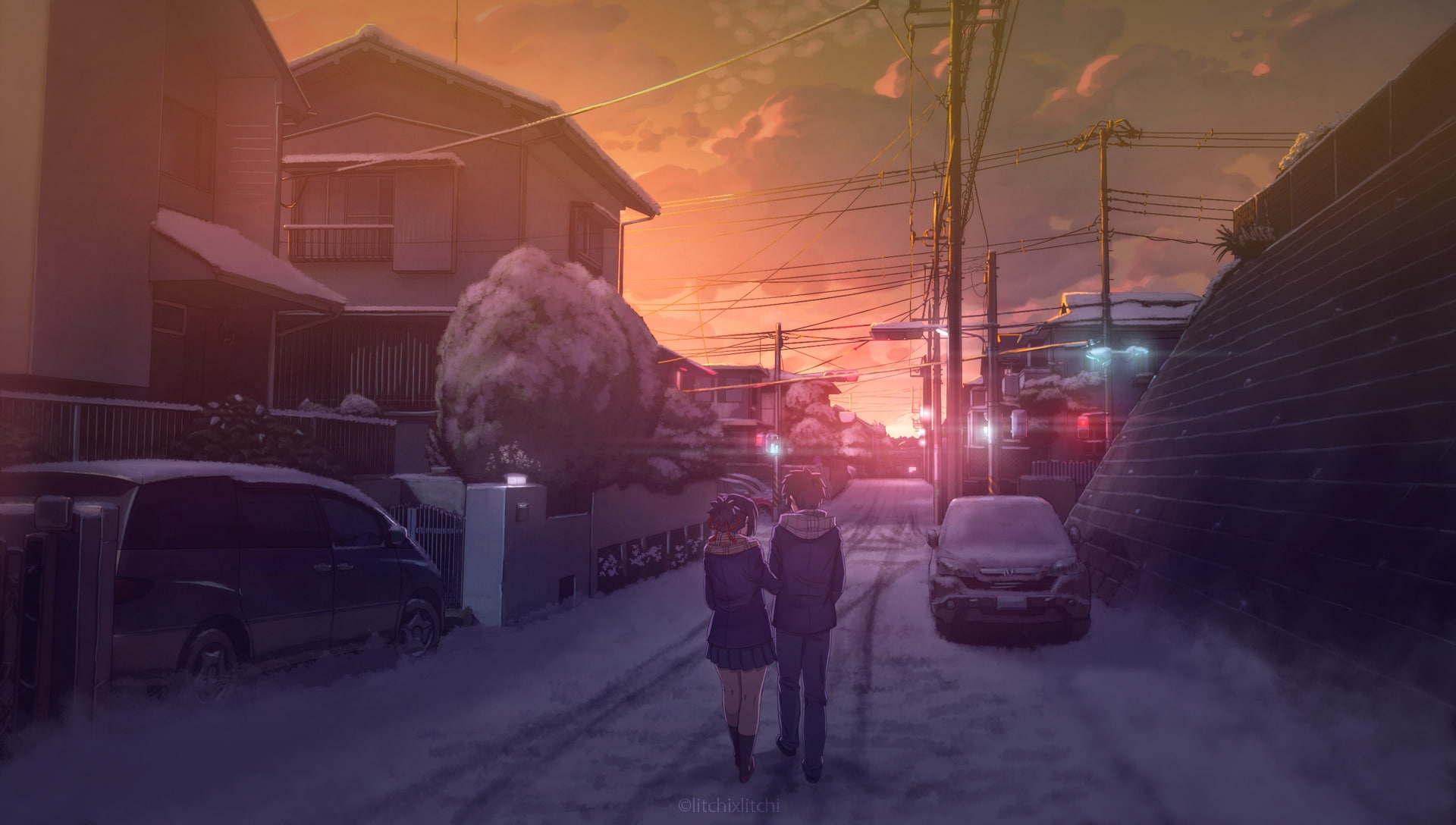 anime landscape scenic snow couple school uniform sunset 2k