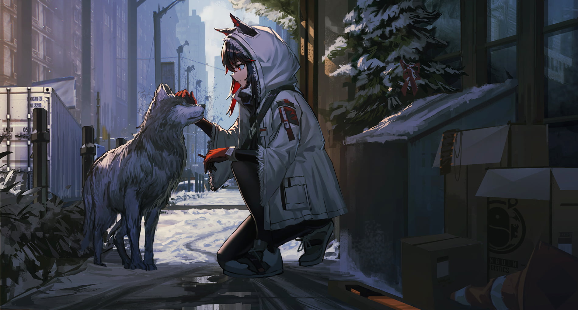 Arknights animal ears wolf snow coats smiling city trash 2k