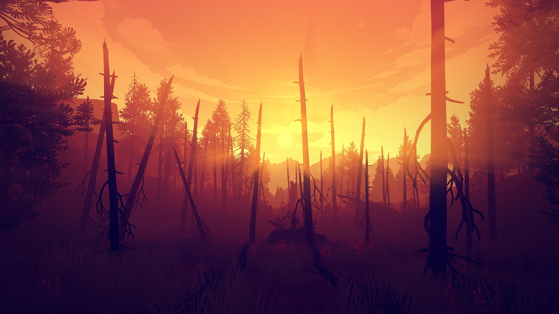 bare trees under clear sky during golden hour wallpaper Firewatch 2k