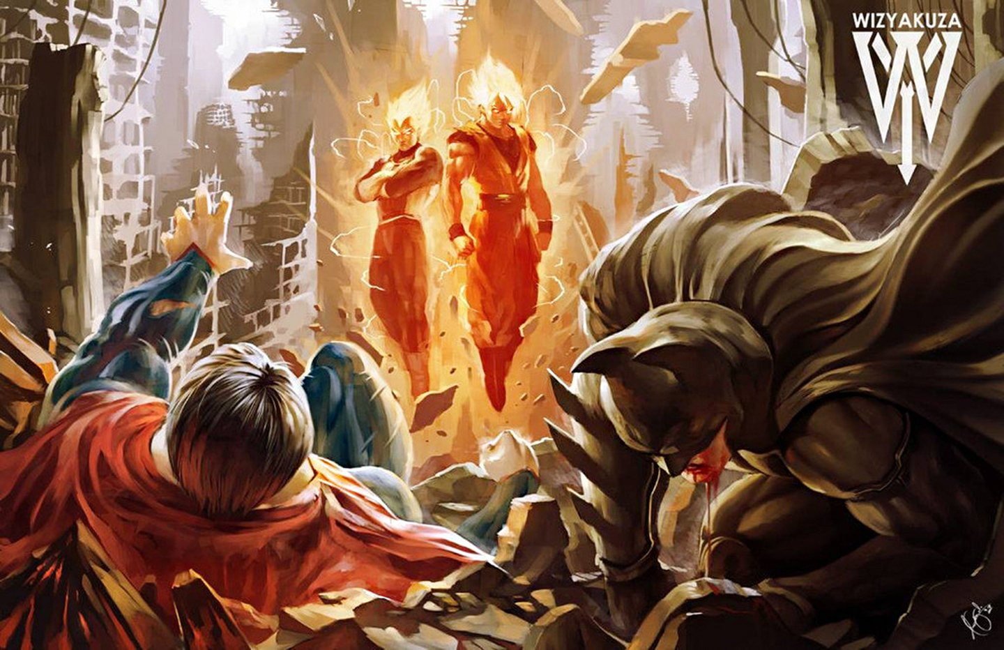 Batman and Superman Defeated by Son Goku Vegeta wallpaper