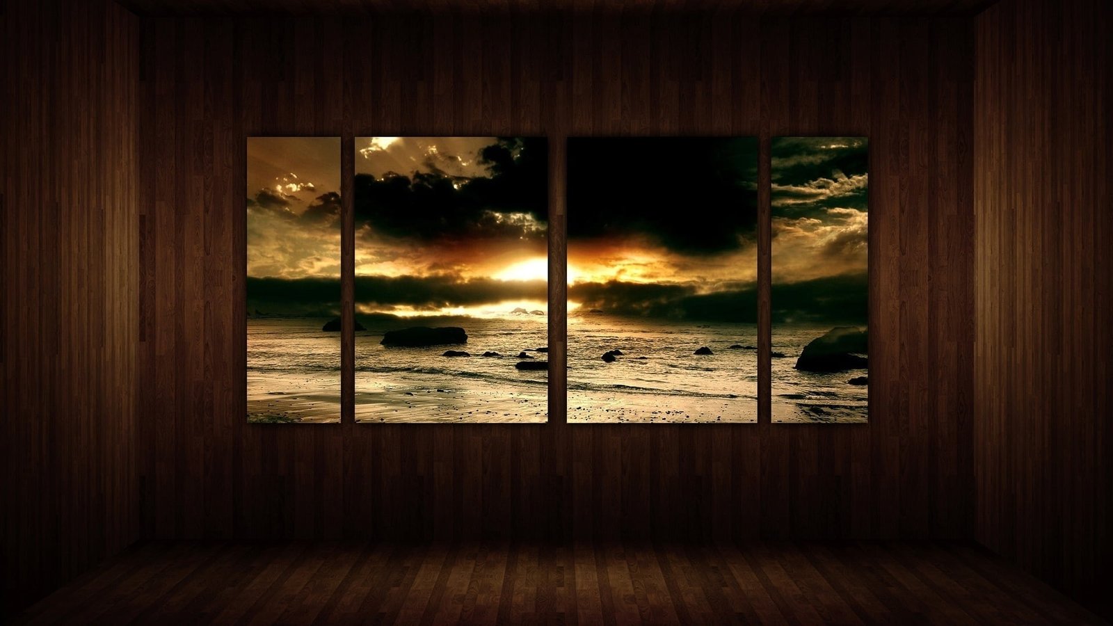 beach shore 4 panel painting window rocks water sunset landscape 2k