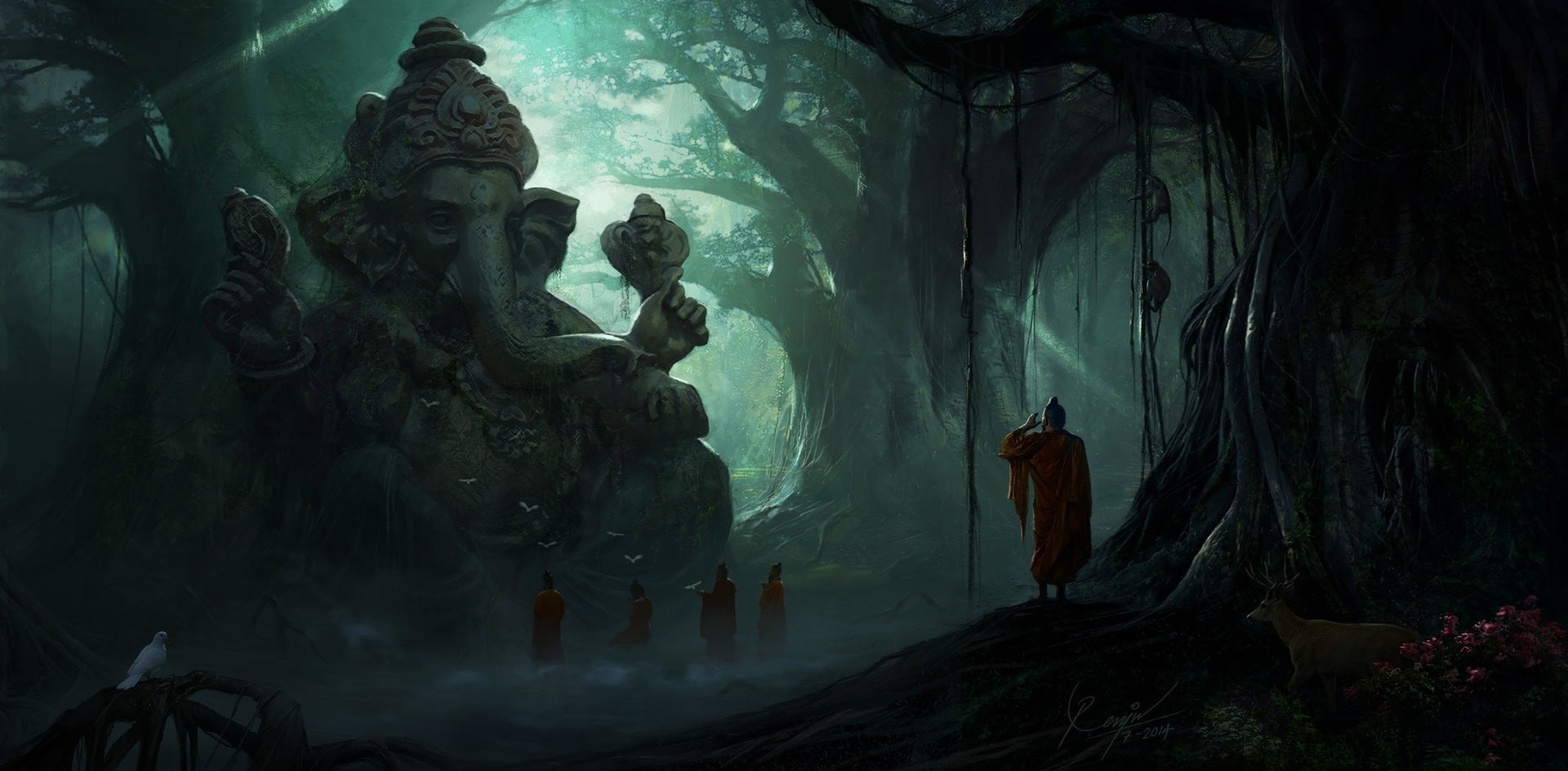 birds plants sun rays trees mist monks monkey dark Ganesha 2k