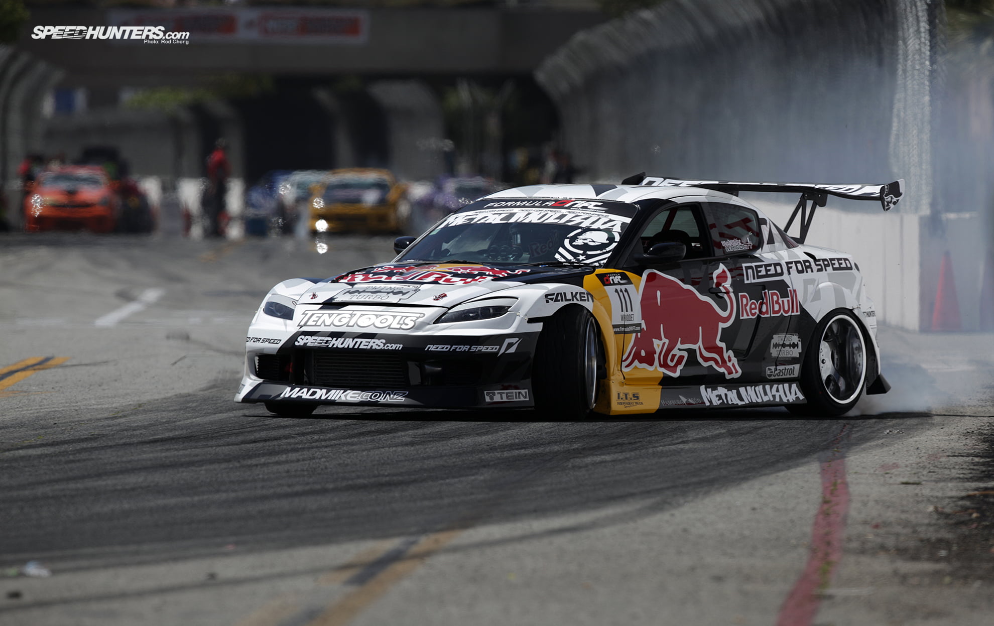 black and gray racing car drift mazda red bull long beach 2k