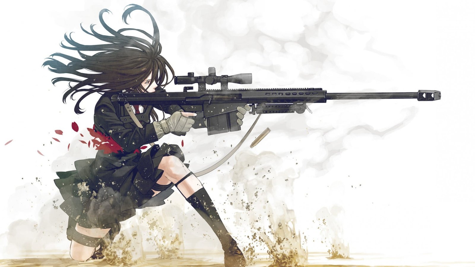 black haired female anime character holding assault rifle wallpaper 2k