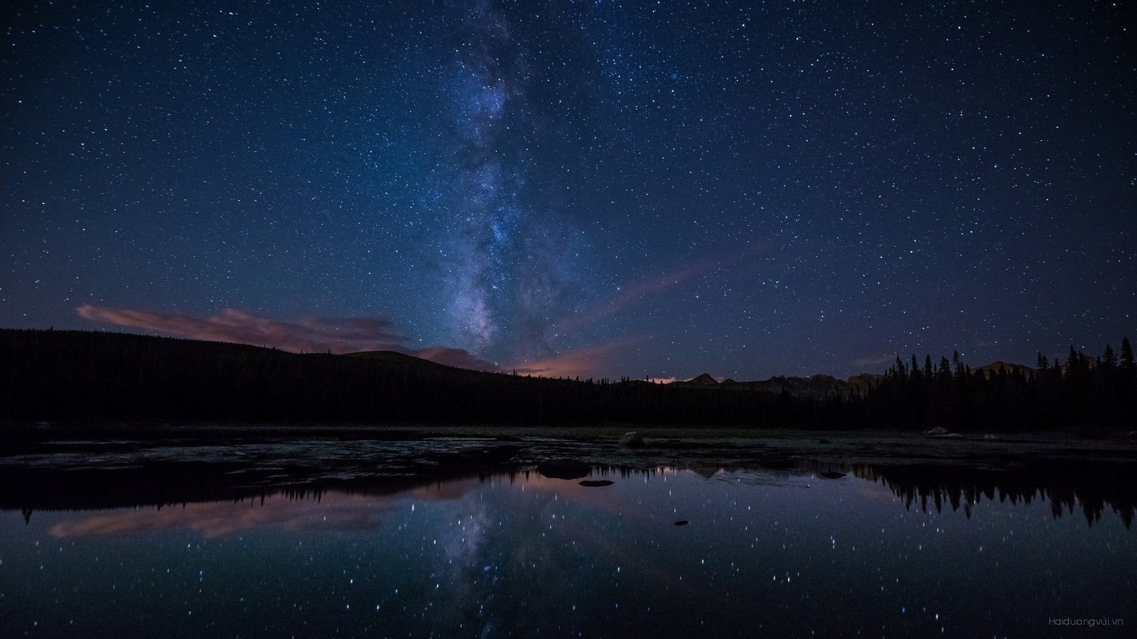black mountain Milky Way stars lake space art reflection 2k