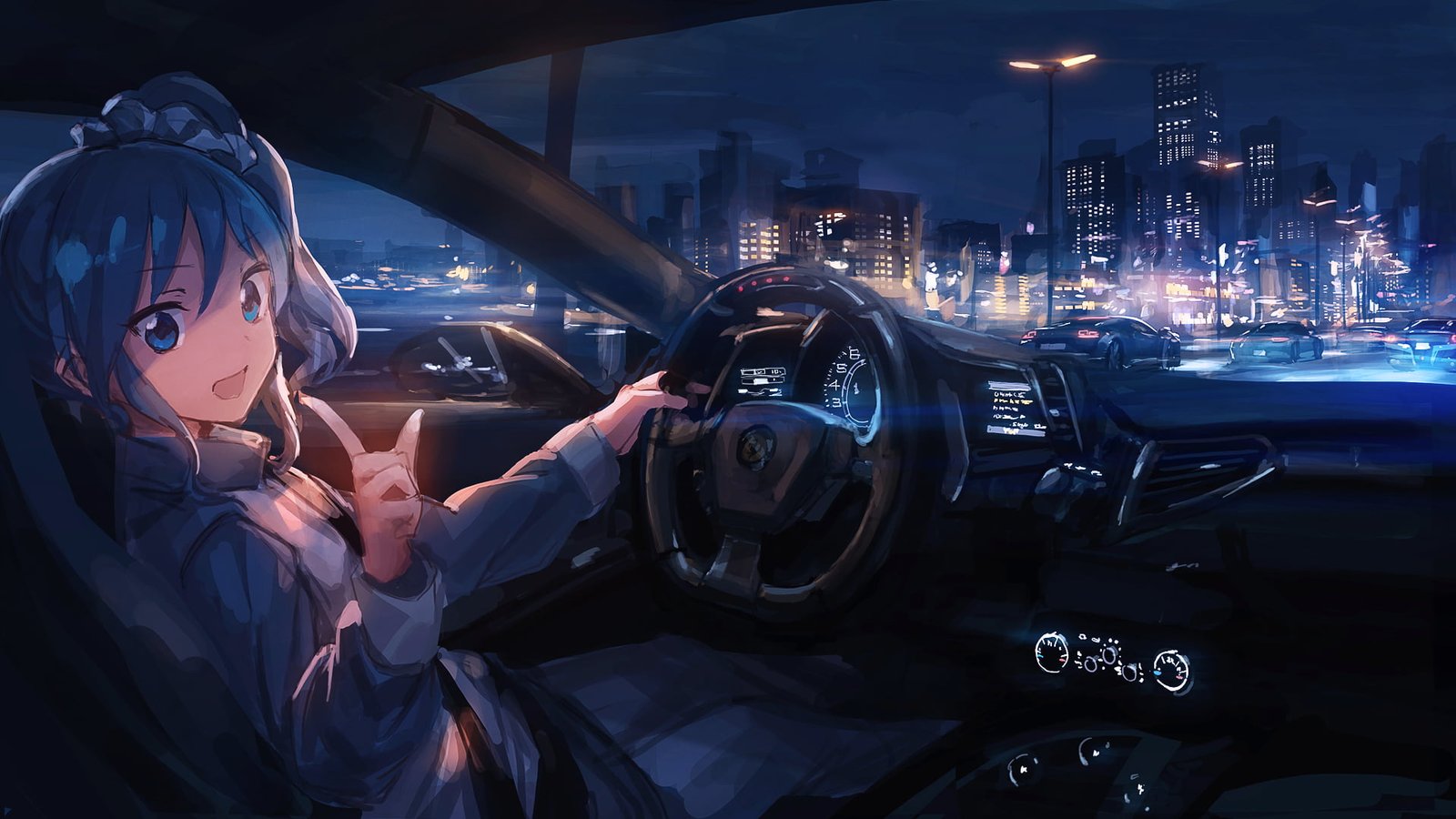 blue haired female anime character girls car Ferrari 2k