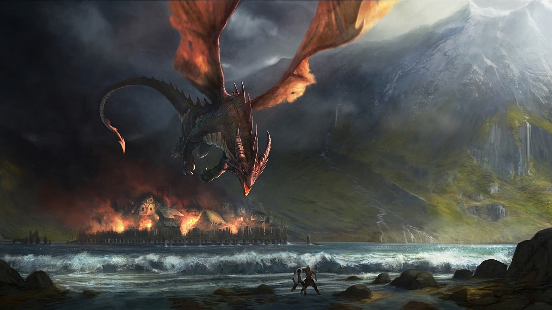 brown dragon flying above sea wallpaper over beach with burned town in background 2k