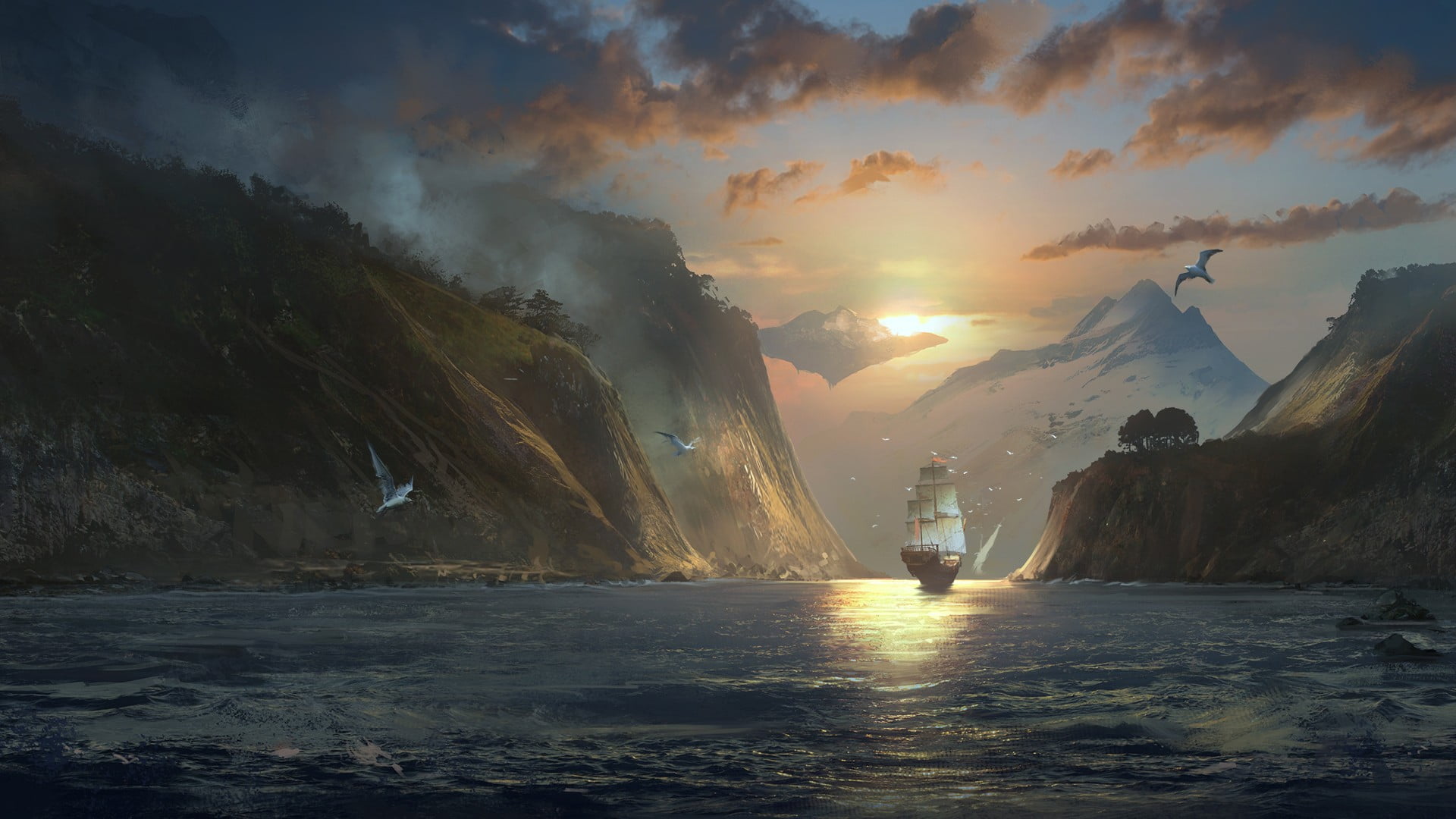 body of water digital art nature landscape clouds Sergey Zabelin 2k