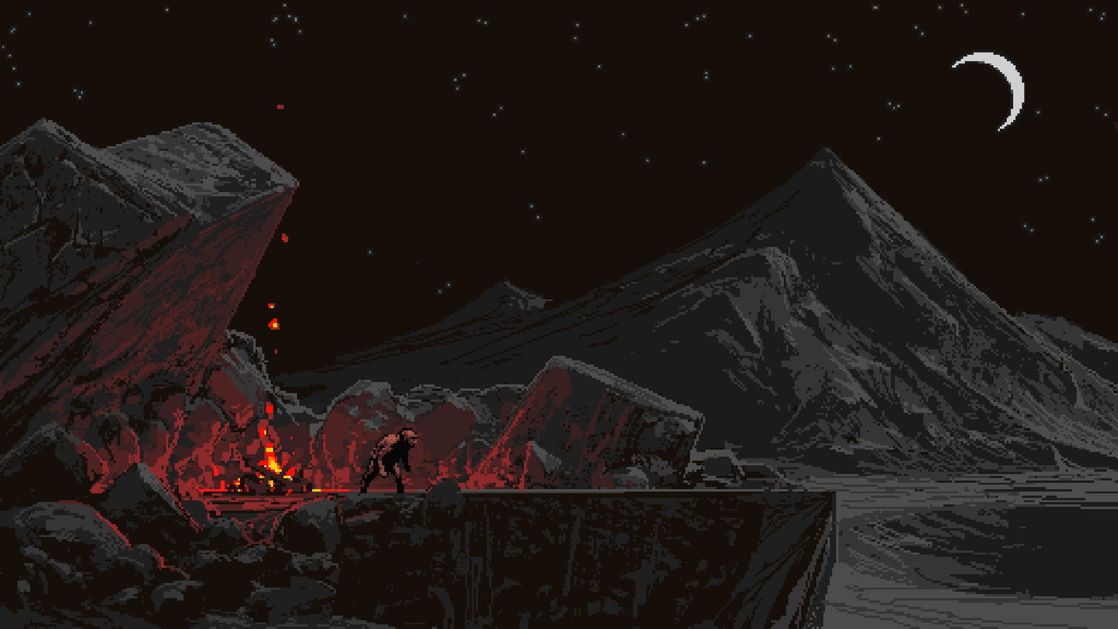 camp fire wallpaper black rocky mountain pixel art Moon The Sin of Man 2k