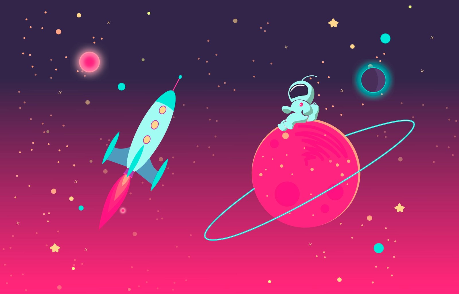 Cartoon Astronaut on Planet and Rocket in Outer Space background 2k 4k