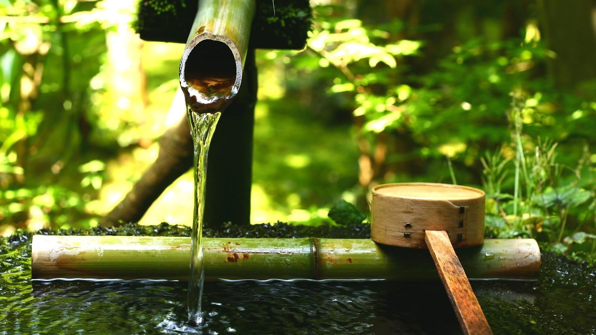 brown bamboo water fountain plants nature wood material 2k