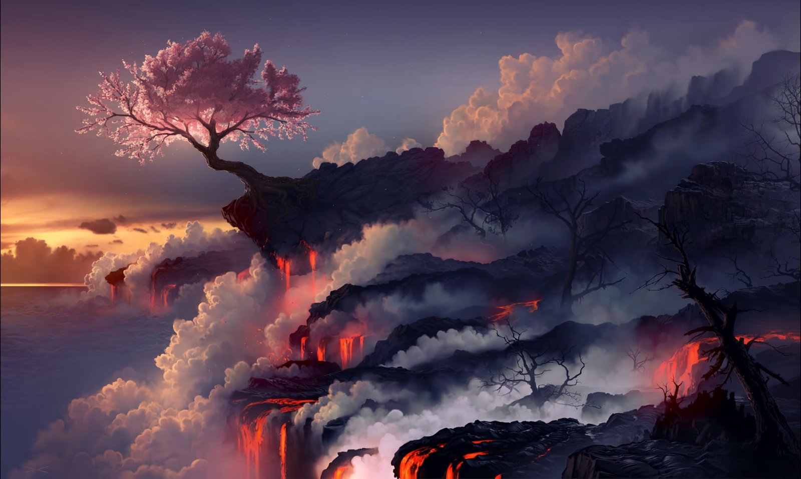 Cherry Blossom tree surrounded with lava digital wallpaper Game 2k