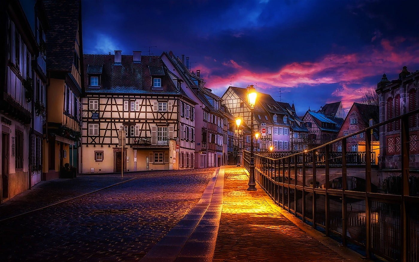 brown houses near bridge painting nature landscape city lantern