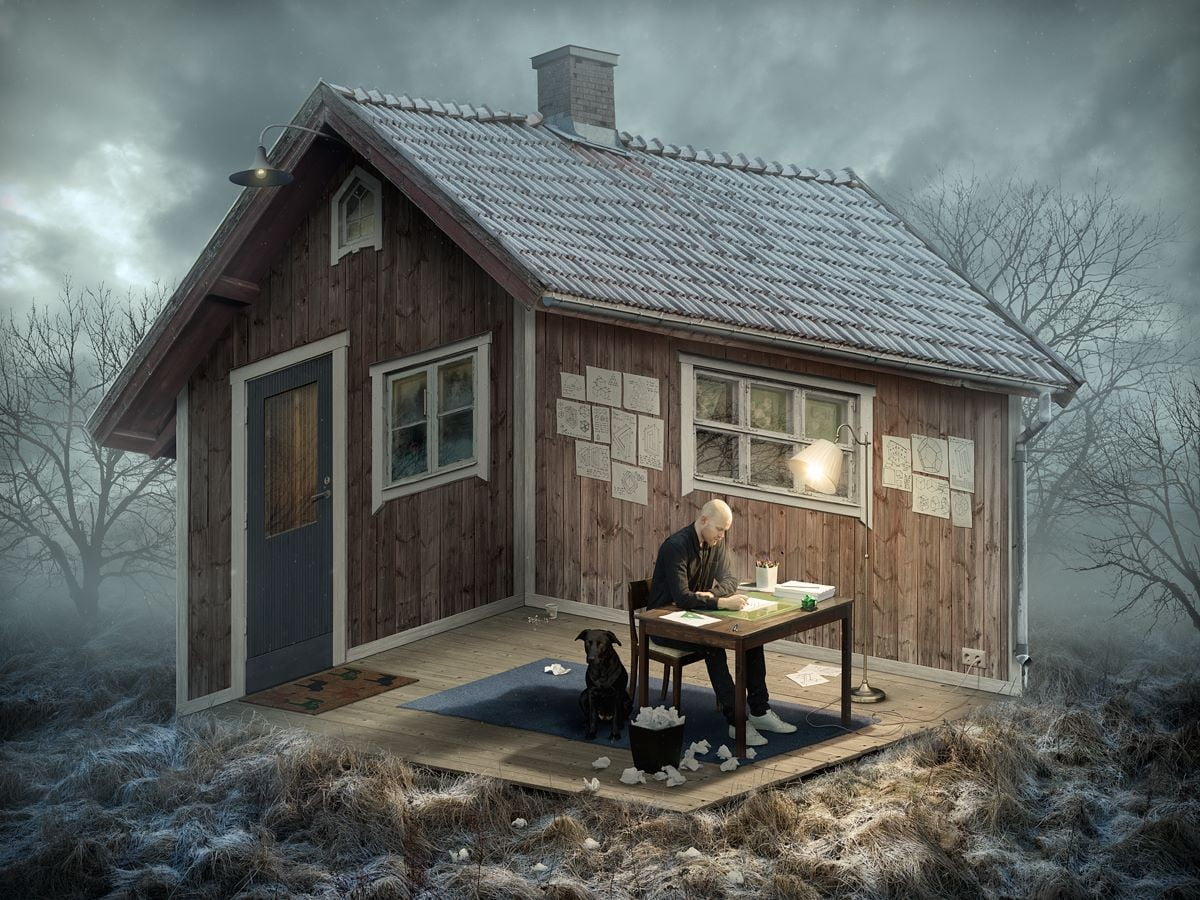 brown wooden house nature landscape Erik Johansson optical illusion