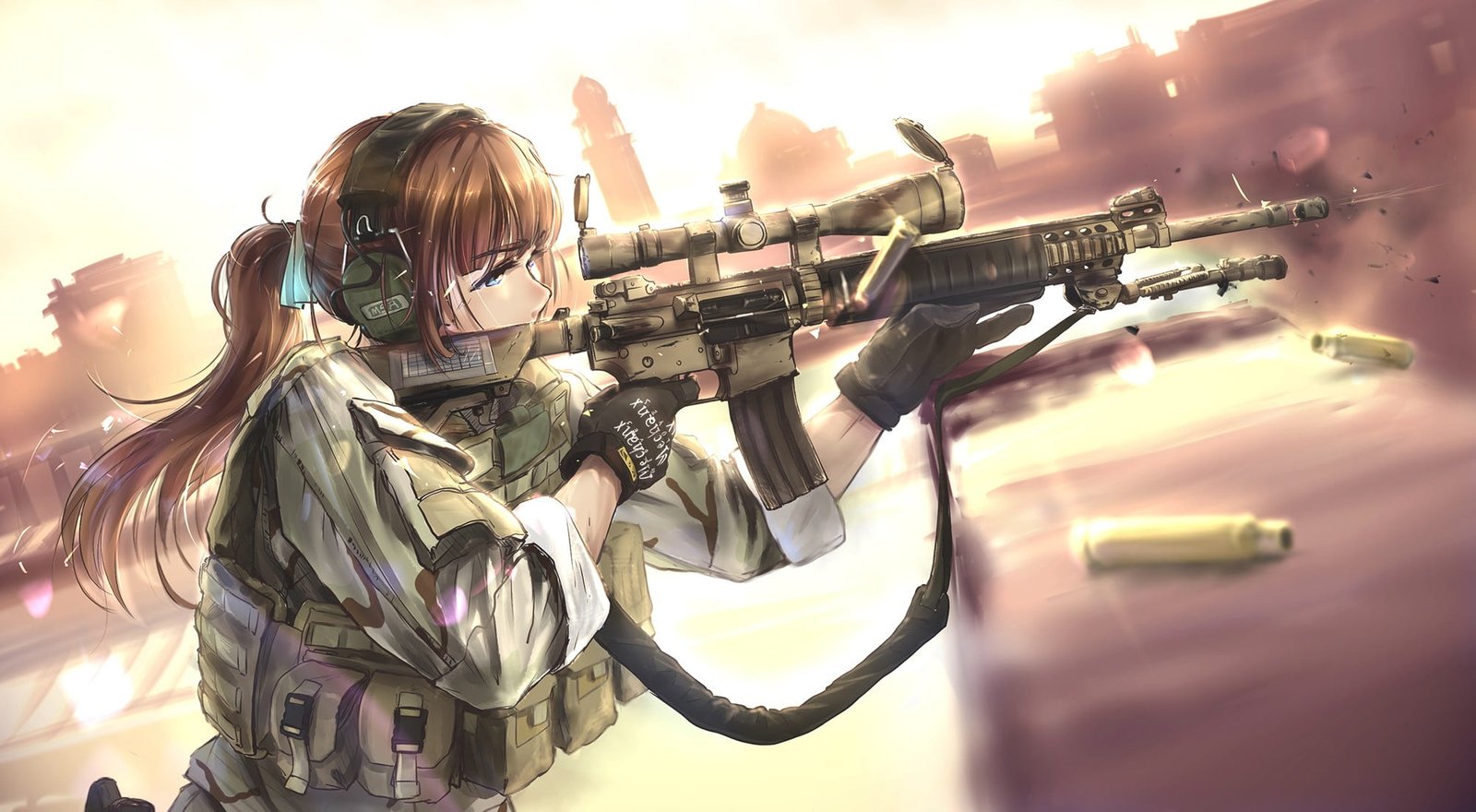 brown haired woman with rifle anime character illustration TC 2k