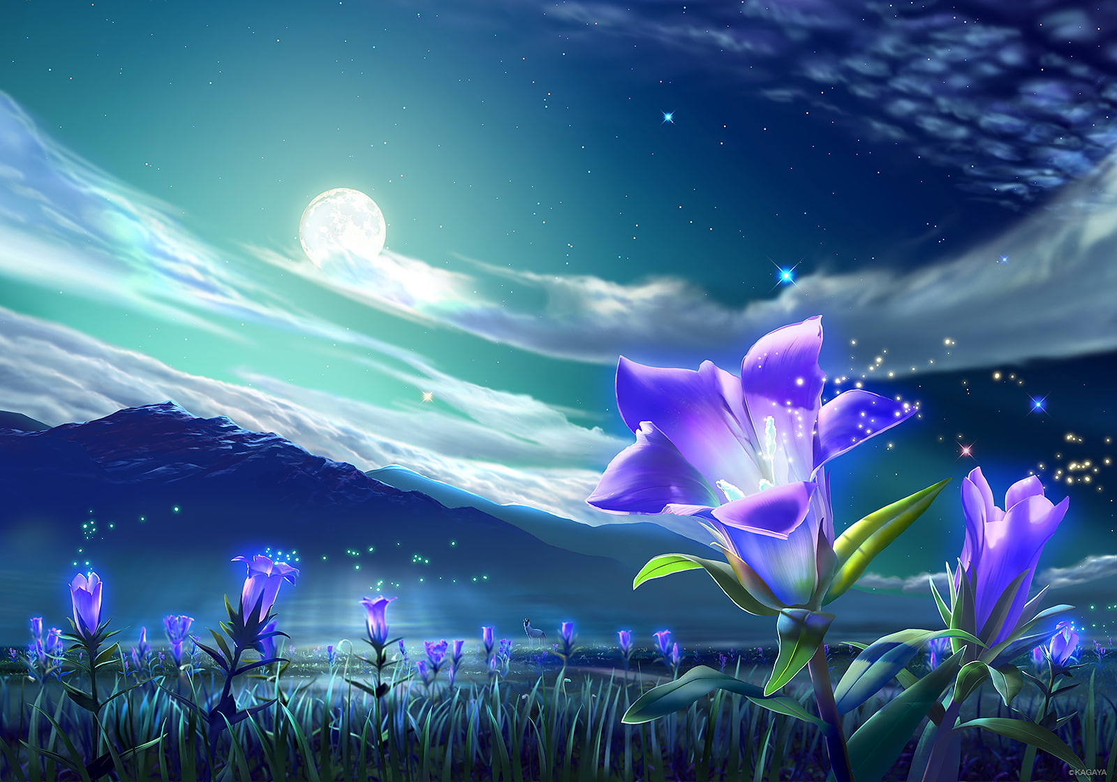 animal clouds flowers grass kagaya landscape moon night 2k
