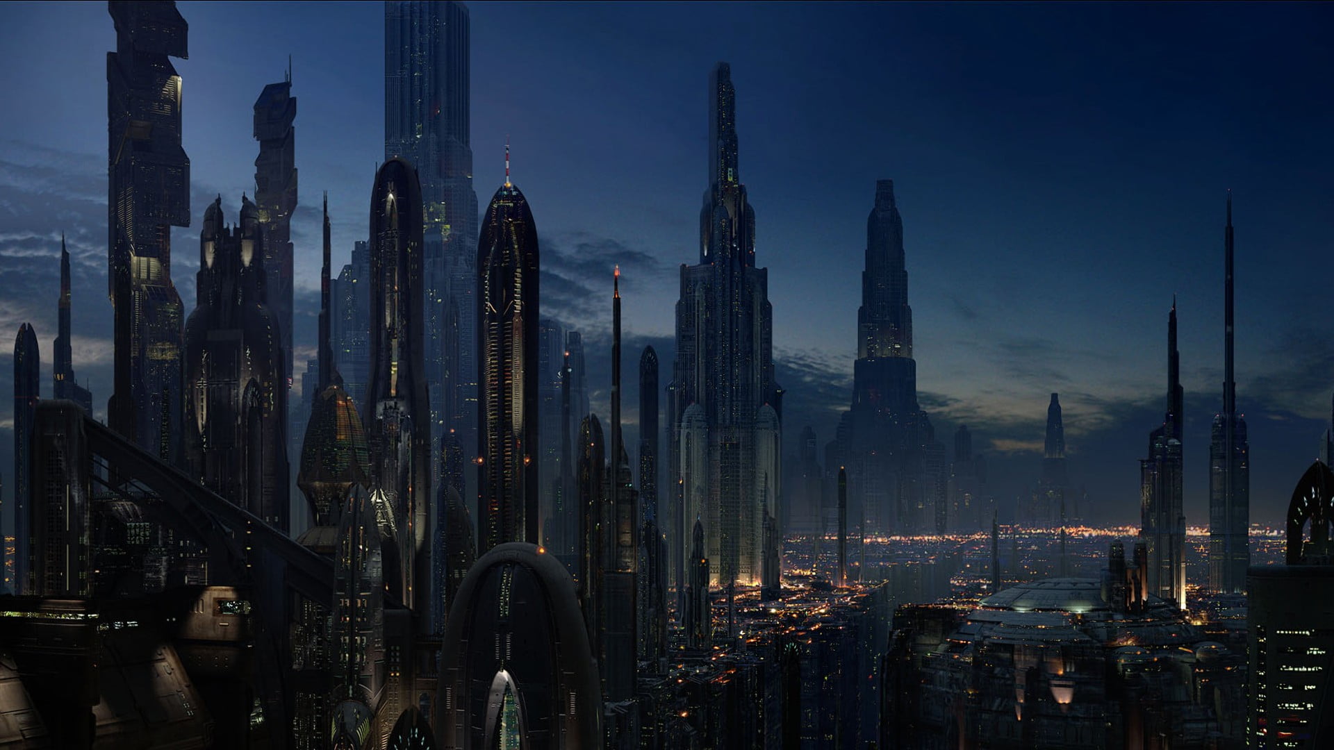 city buildings cityscape futuristic Star Wars Coruscant dystopian 2k