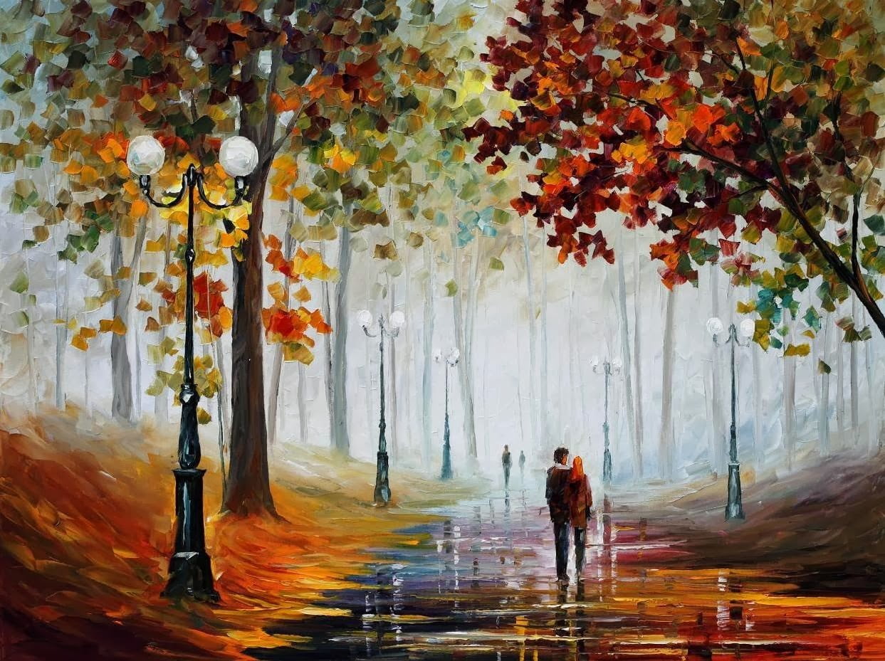 coupe walking on pathway near street lights painting couple