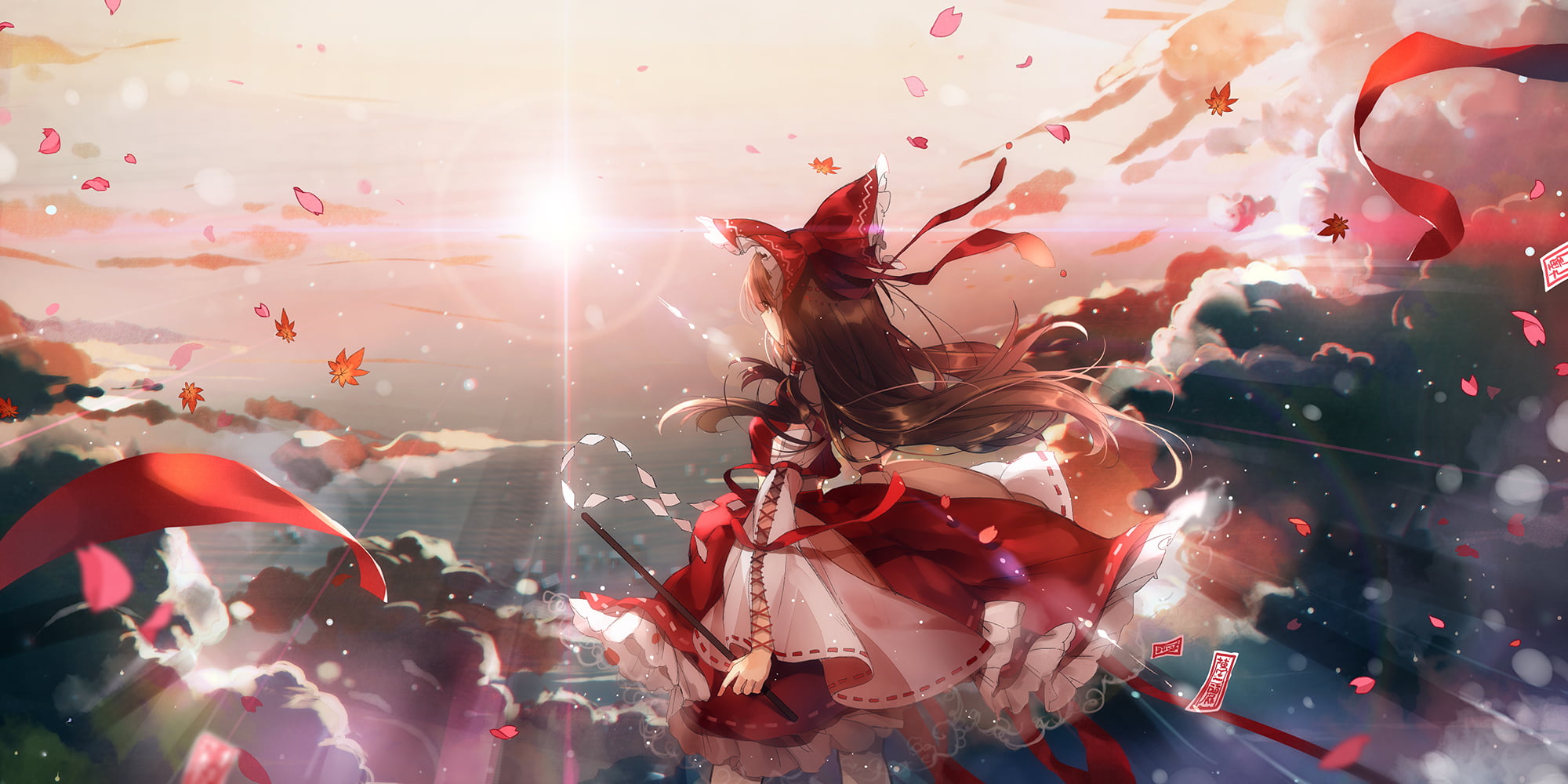 anime girls Hakurei Reimu Touhou celebration confetti 2k