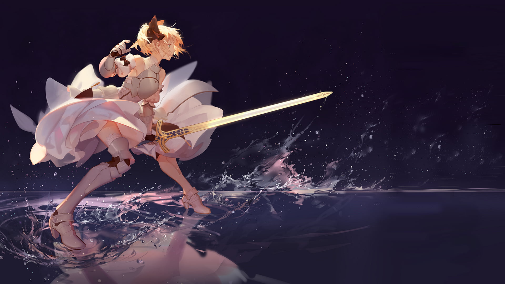 Fate Stay Night Saber digital wallpaper anime character in white dress holding a sword 2k
