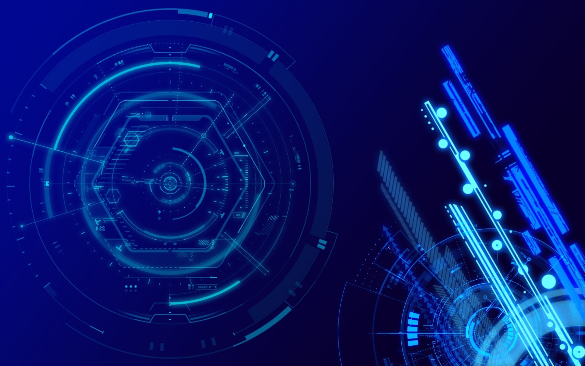 digital art abstract lines cgi neon light glowing technology geometry circle hexagon blue background 2k