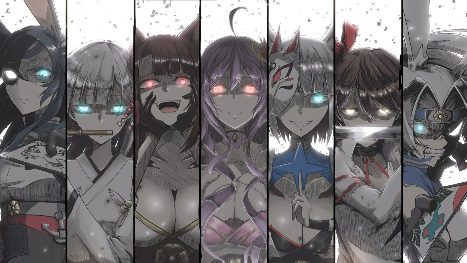 anime comic art girls collage animal ears eyes glowing 2k