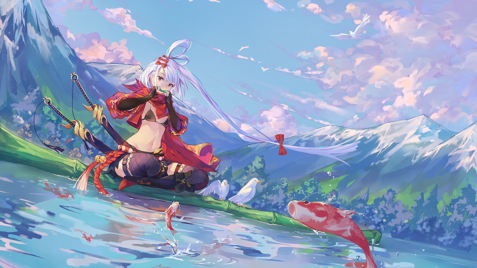 Anime Girl Cloud Fish Long Hair Mountain Nature Pond 2k