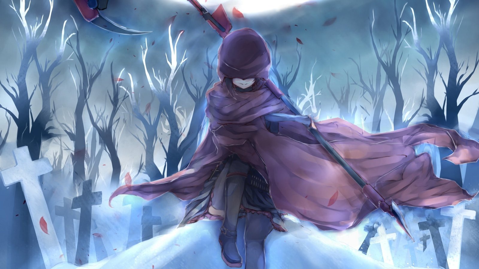 female animation character RWBY cemetery scythe night Ruby Rose 2k