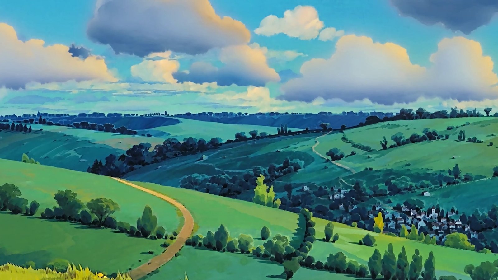 anime Studio Ghibli artwork landscape clouds cyan green 2k