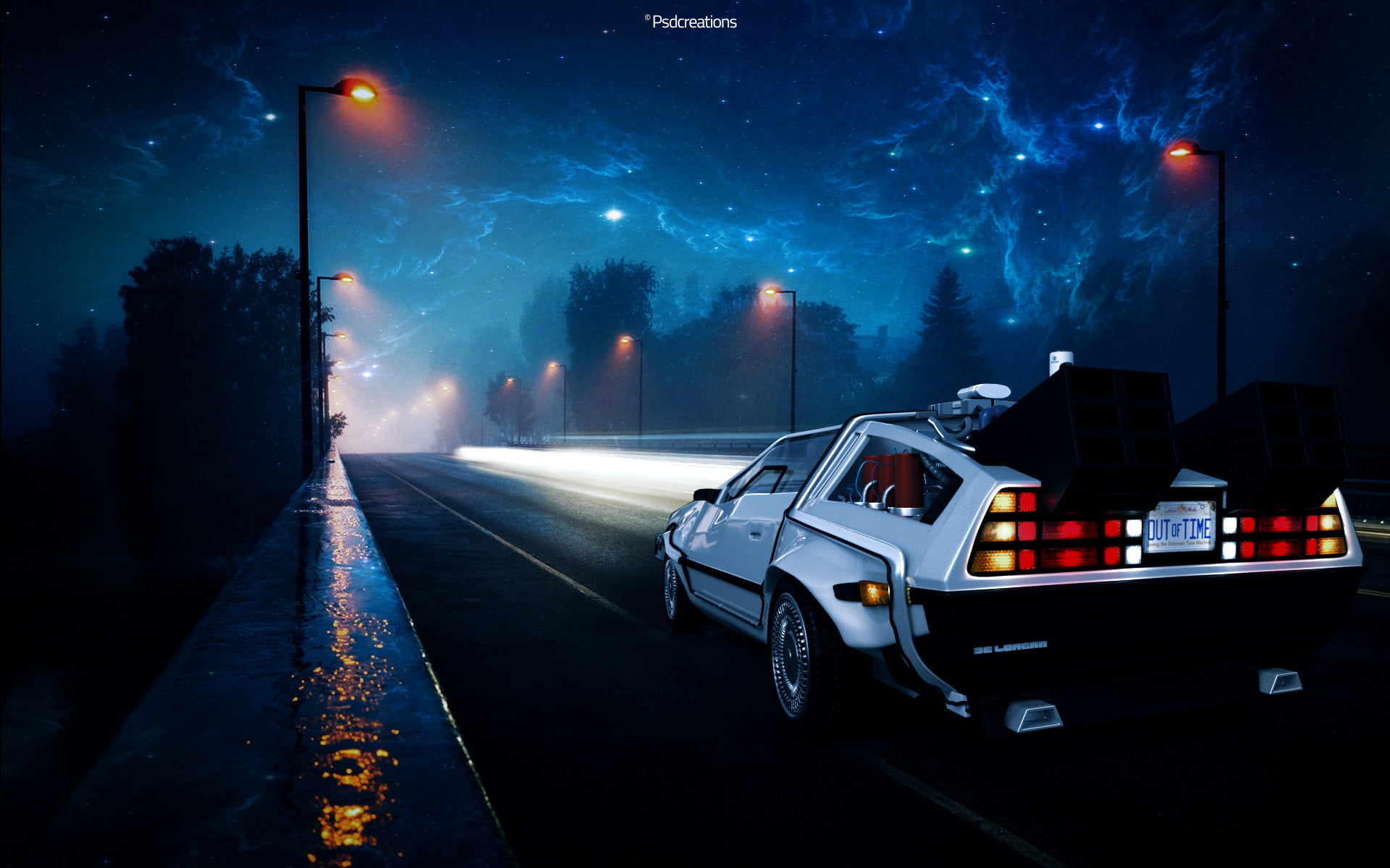 silver DMC Delorean illustration Back to the Future street 2k