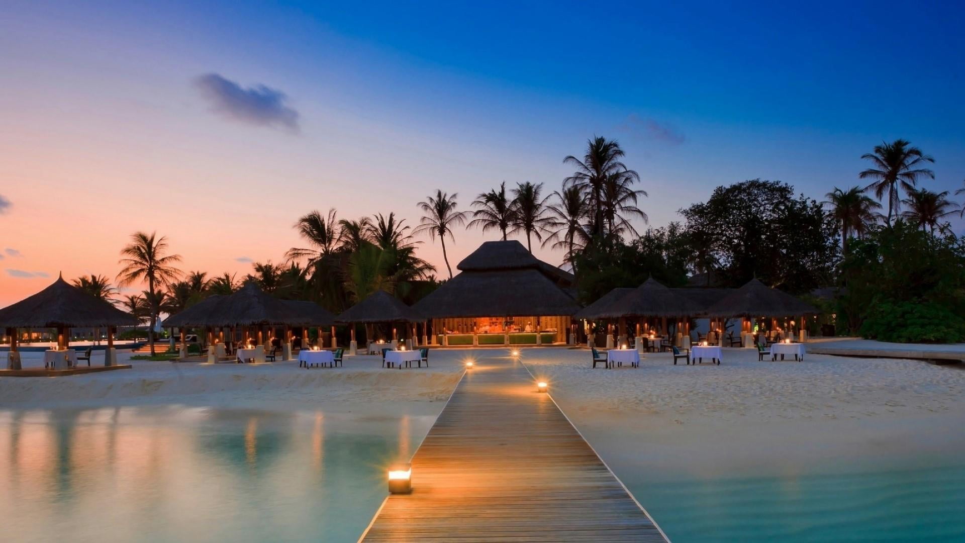 pier beach resort palms evening maldives exotic travel 2k