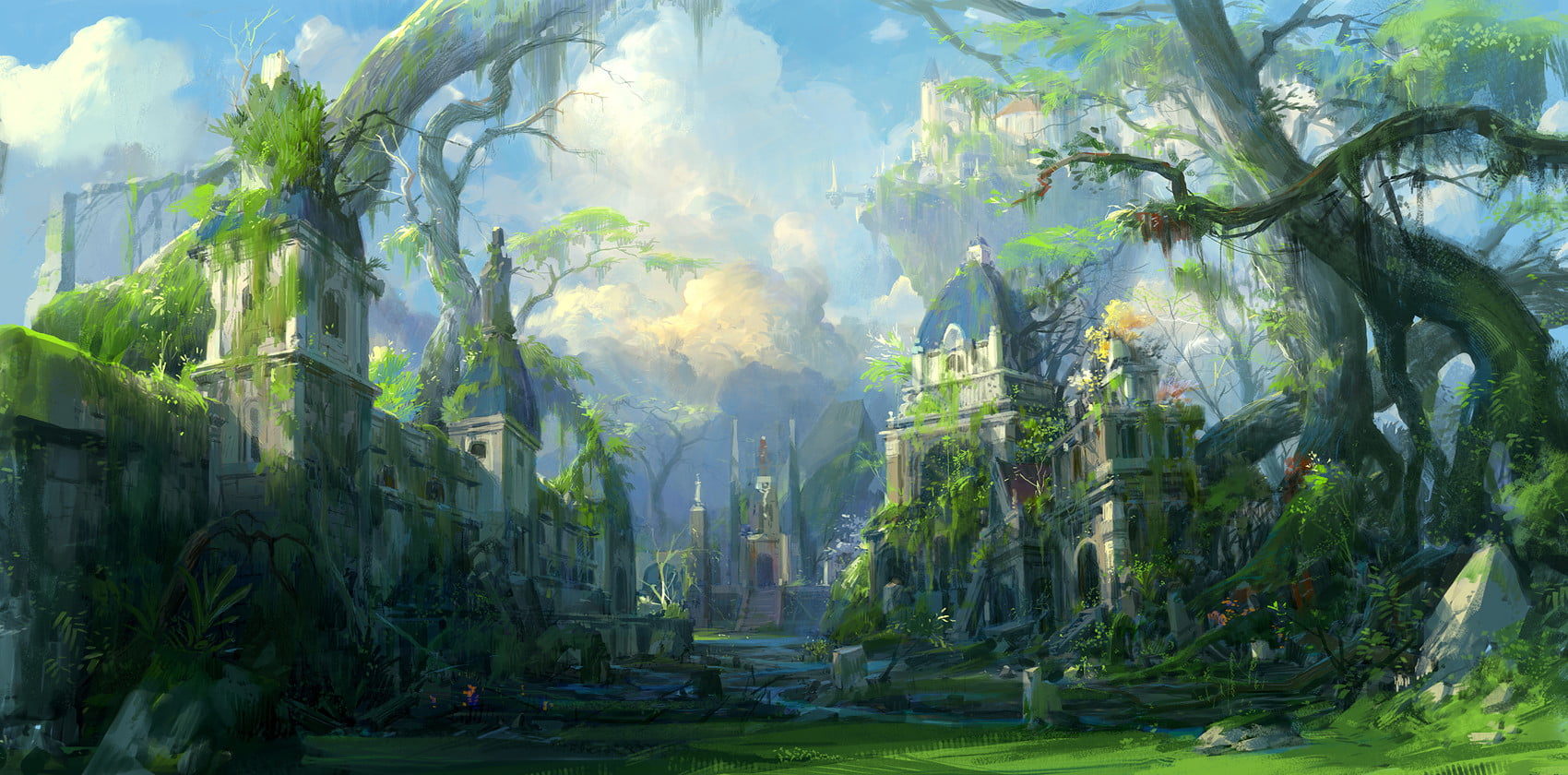 artwork forest castle fantasy art digital ruin nature 2k