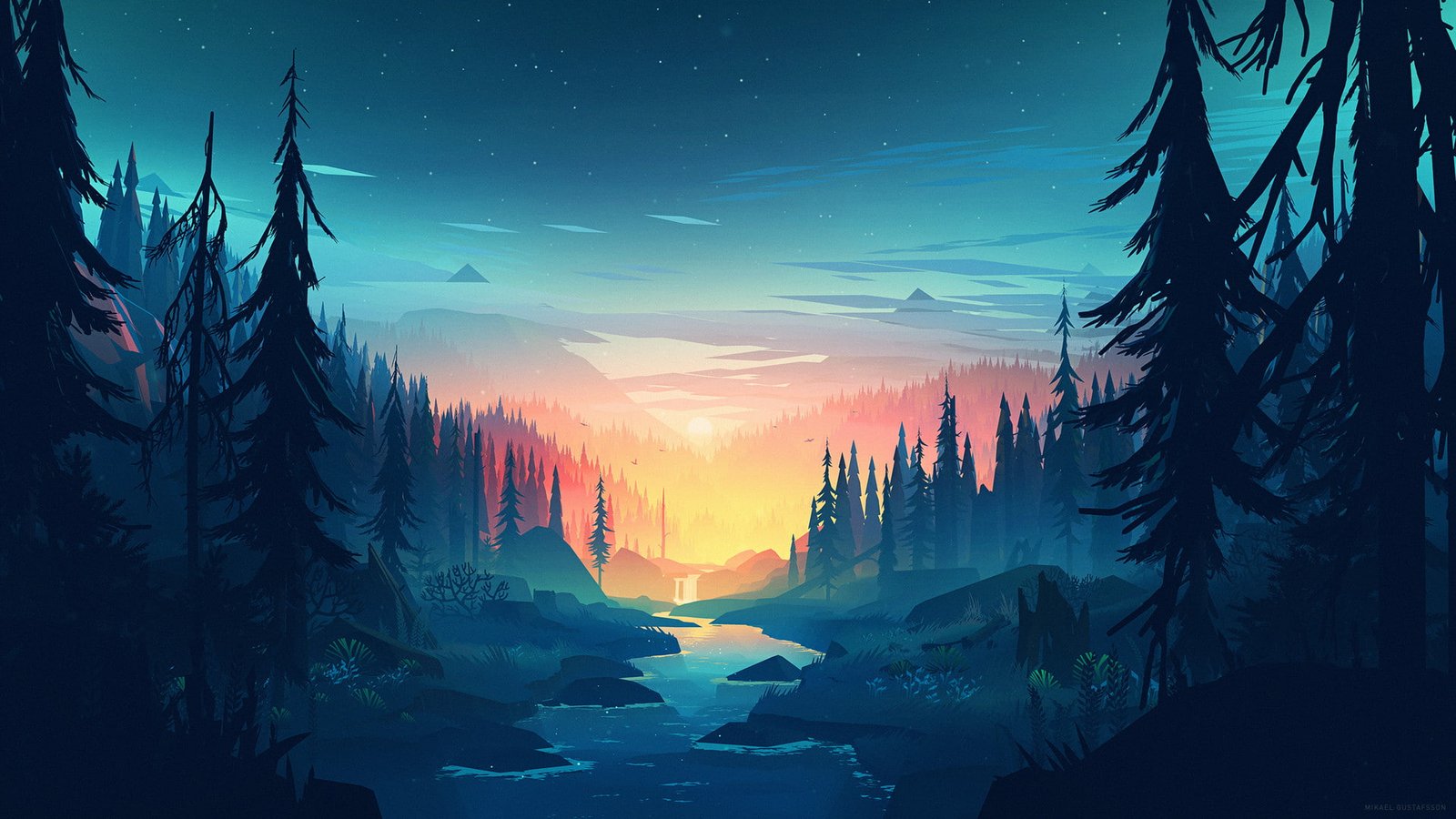artwork forest landscape Mikael Gustafsson river Trees 2k
