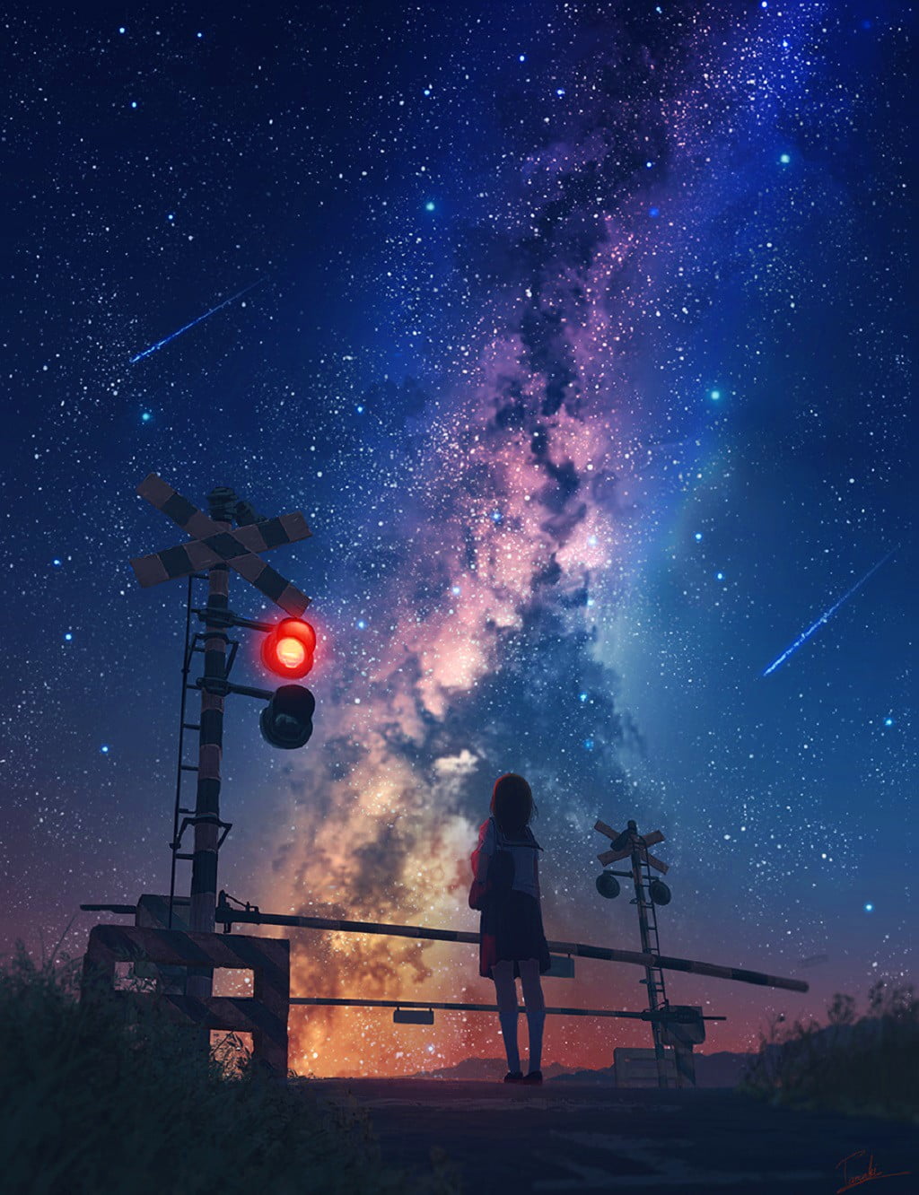 starry sky anime galaxy stars shooting railway crossing