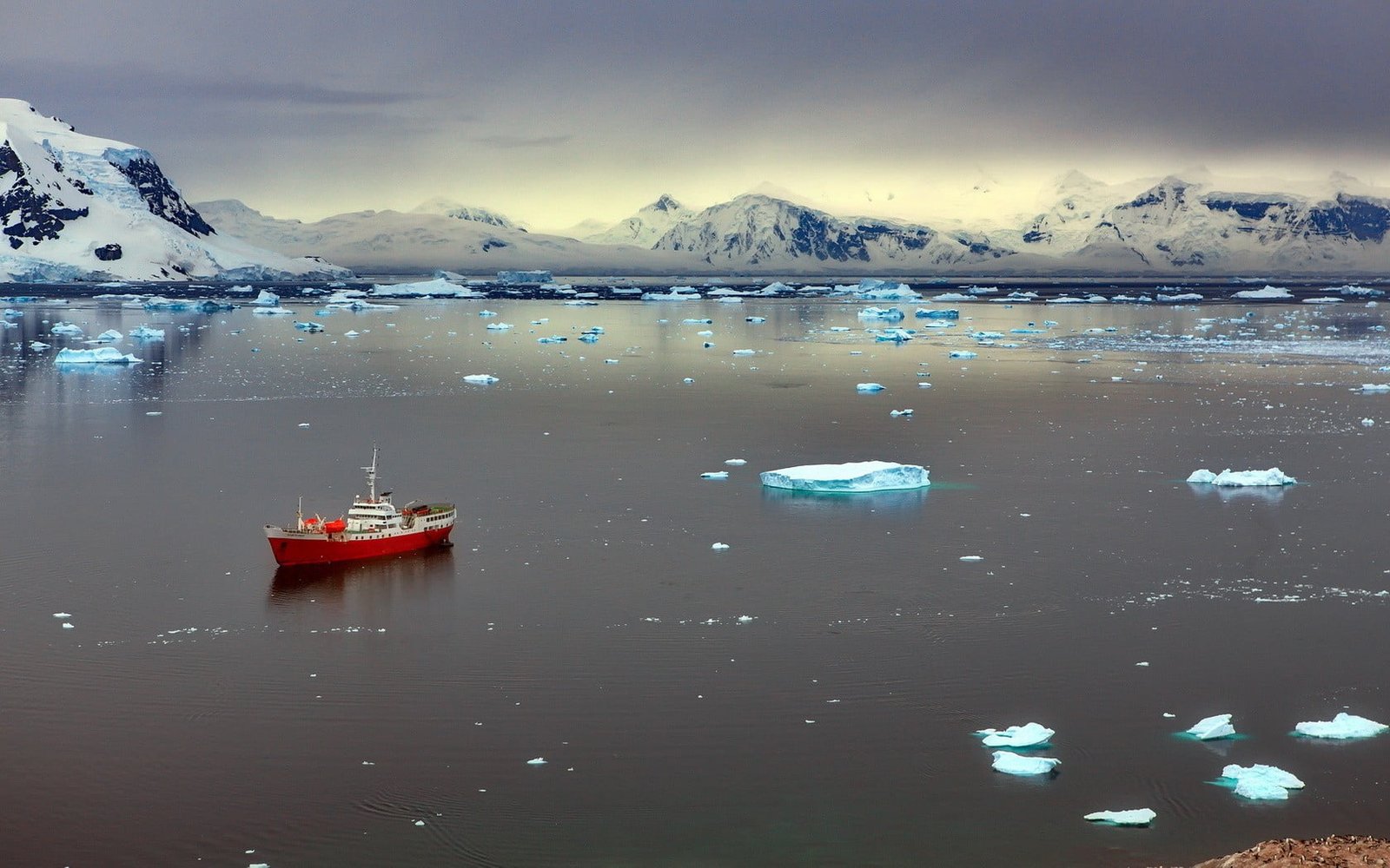 red and white ship on body of water nature landscape reflection 2k