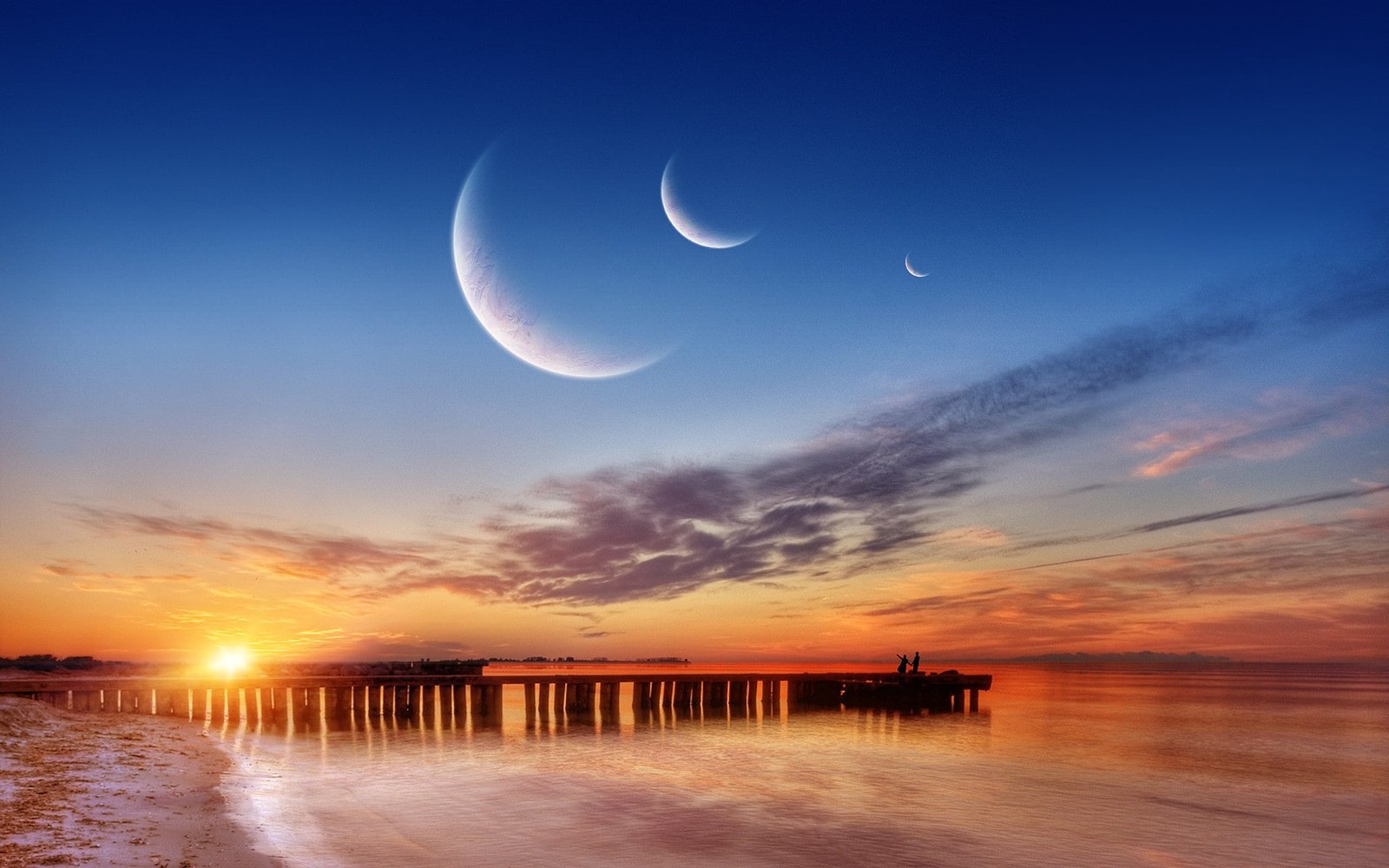 sunset pier beach sky water sea coast clouds Moon 2k